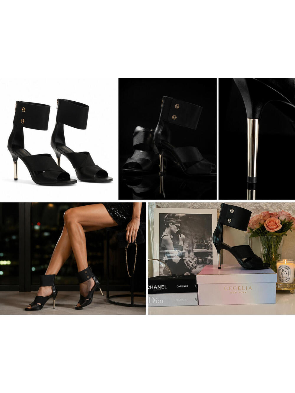 Cecelia New York “Mirror” Black Heeled Sandals Size 9.5M Leather Ankle Cuff